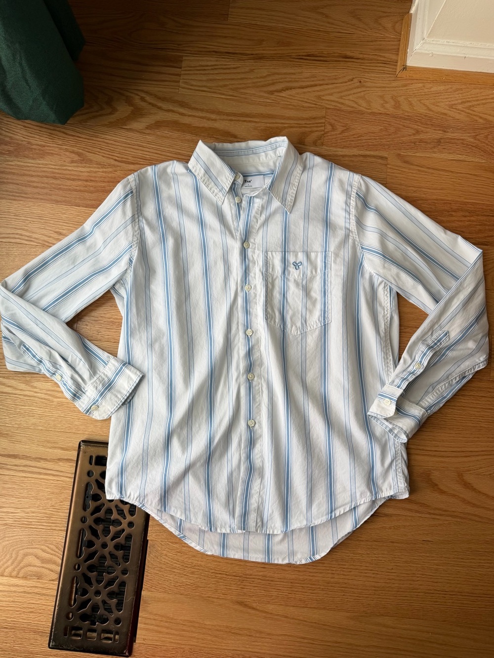 TNA Women's White Button-Down Shirt with Light Blue Stripes